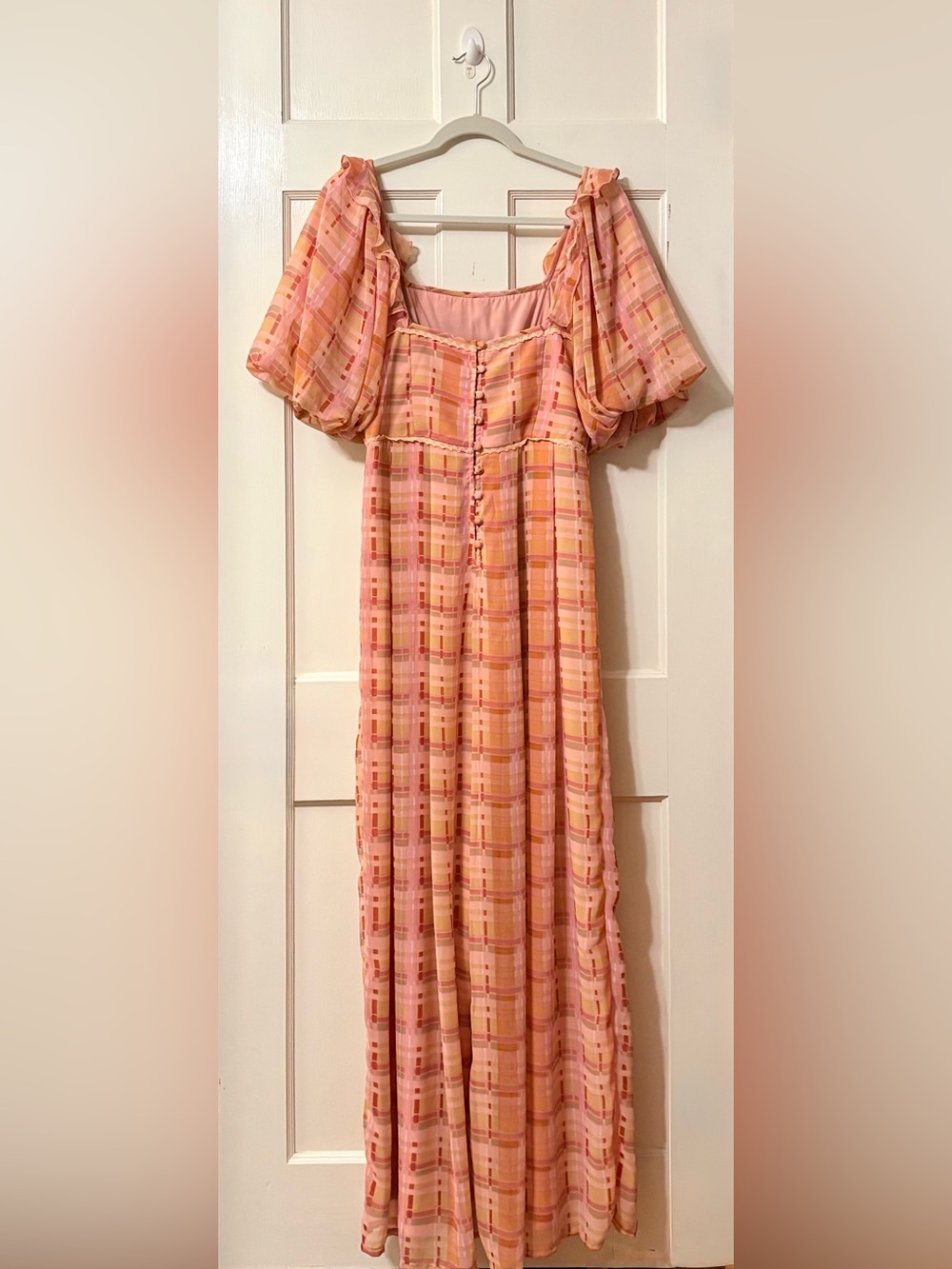 ASOS Peach Plaid Jumpsuit with Puff Sleeves - Picture 2 of 6